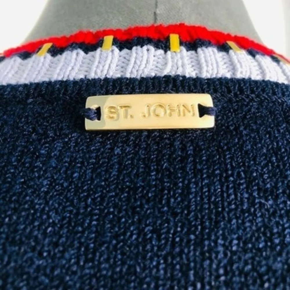 St John Knit Jacket Cardigan S M Vintage Button Front Blue Red White Luxury USA